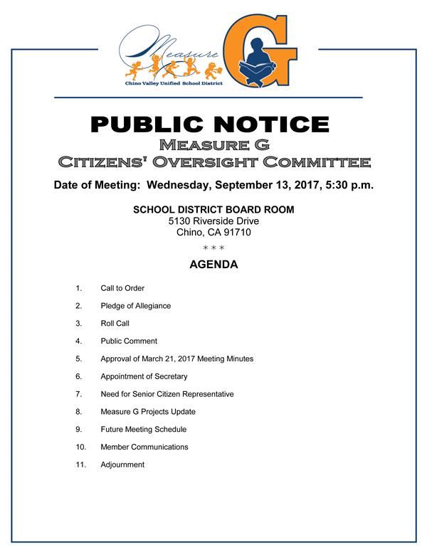 Flyer for the Sept. 13, 2017 Measure G Citizens Oversight Committee meeting